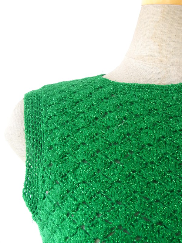 ヨーロッパ古着 フランス買い付け 60年代製 鮮やかなグリーン X ラメ糸編みこみ ヴィンテージ ニット ワンピース 15FC305
