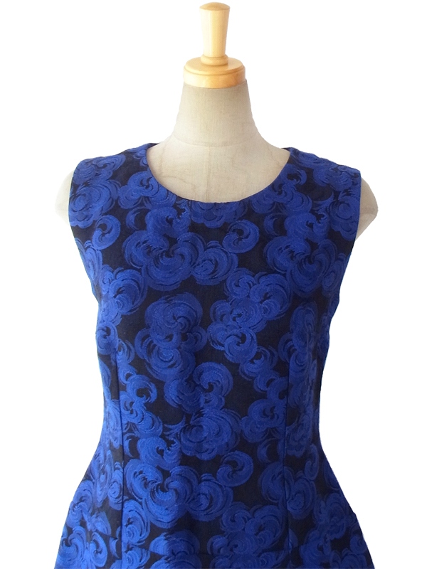 ヨーロッパ古着 フランス買い付け 60年代製 ブルー X ブラック 花柄織り エレガントシルエット ヴィンテージ ドレス 15FC309