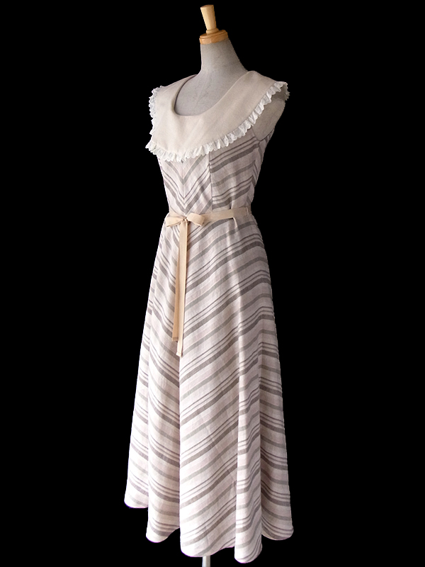 未使用品　ライトベージュ X バイアス柄 サーキュラーカラー リボンベルト ワンピース 15OD1217