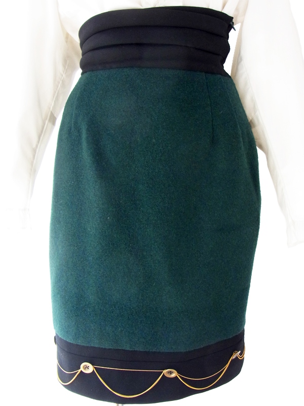 デッドストック 美しい濃厚なグリーン ウール ケープ X スカート セットアップ 15OD402