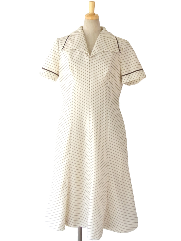 ヨーロッパ古着 ロンドン買い付け 70年代製 ホワイト X ブラウン バイアス ステッチ ヴィンテージ ワンピース 15OM010