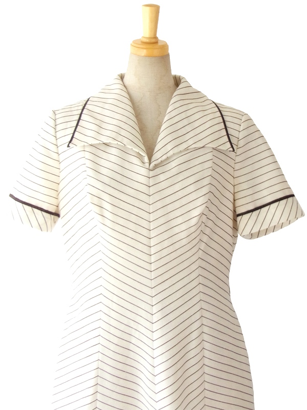 ヨーロッパ古着 ロンドン買い付け 70年代製 ホワイト X ブラウン バイアス ステッチ ヴィンテージ ワンピース 15OM010