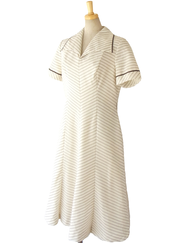 ヨーロッパ古着 ロンドン買い付け 70年代製 ホワイト X ブラウン バイアス ステッチ ヴィンテージ ワンピース 15OM010