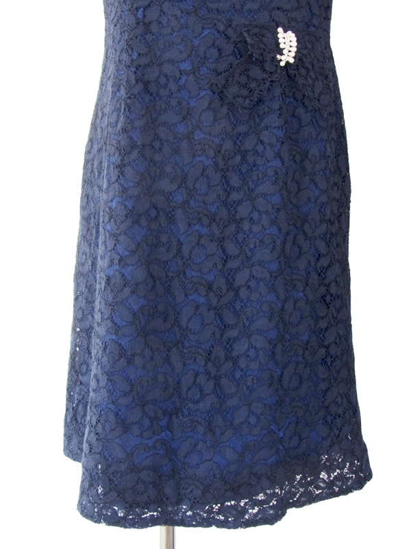 ヨーロッパ古着 ロンドン買い付け 60年代製 ブルー 花柄総レース フェイクパール　ウェストリボン ヴィンテージ ドレス 15OM111