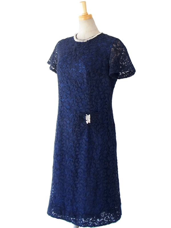 ヨーロッパ古着 ロンドン買い付け 60年代製 ブルー 花柄総レース フェイクパール　ウェストリボン ヴィンテージ ドレス 15OM111