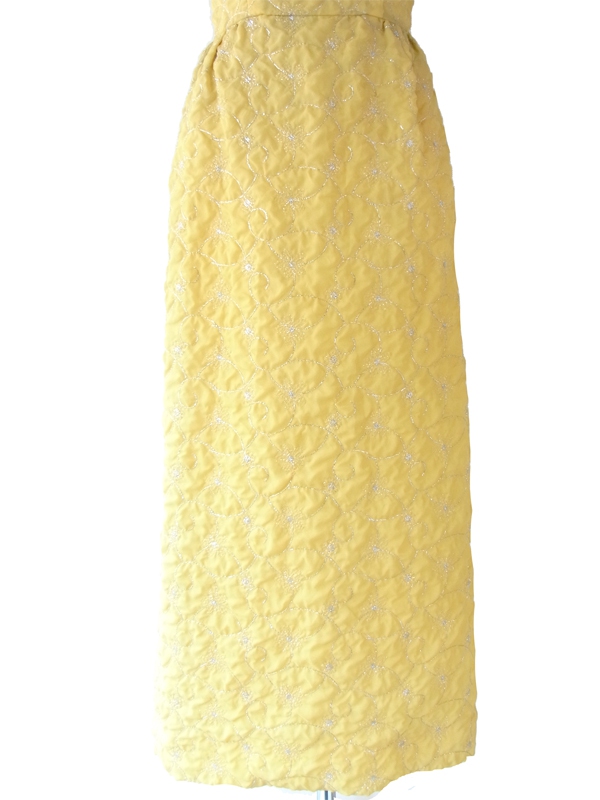 ヨーロッパ古着 ロンドン買い付け 60年代製 レモン色 X シルバーラメ糸花柄刺繍 マキシワンピース 15OM402