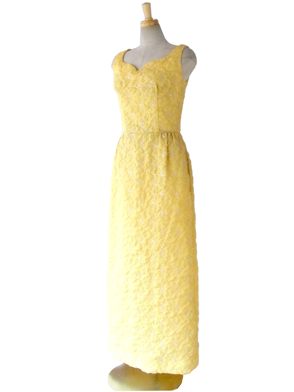 ヨーロッパ古着 ロンドン買い付け 60年代製 レモン色 X シルバーラメ糸花柄刺繍 マキシワンピース 15OM402