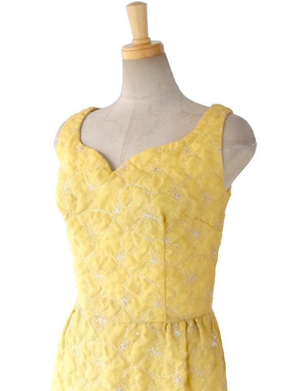 ヨーロッパ古着 ロンドン買い付け 60年代製 レモン色 X シルバーラメ糸花柄刺繍 マキシワンピース 15OM402