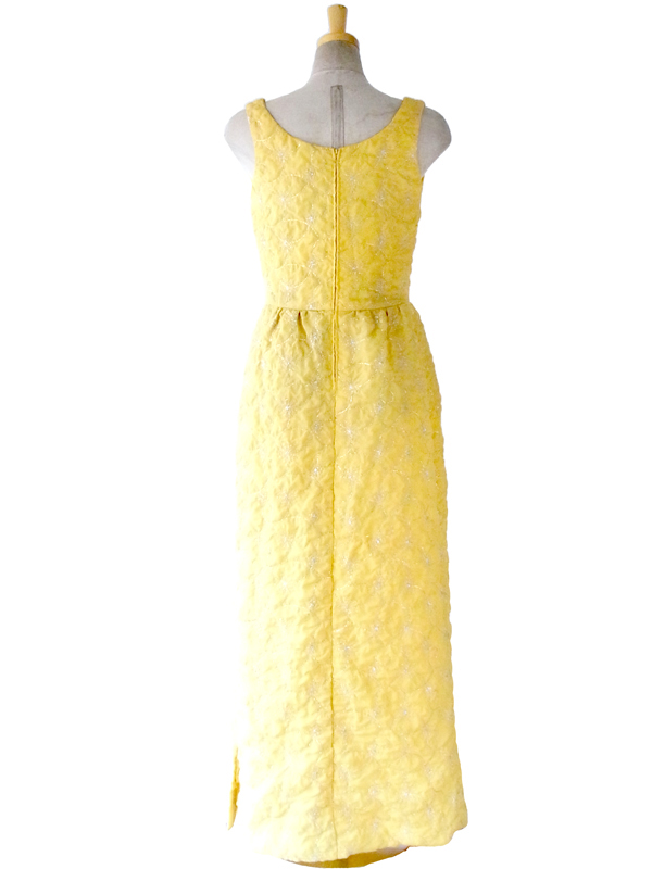 ヨーロッパ古着 ロンドン買い付け 60年代製 レモン色 X シルバーラメ糸花柄刺繍 マキシワンピース 15OM402