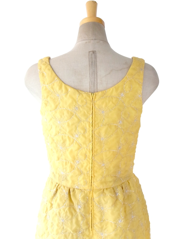 ヨーロッパ古着 ロンドン買い付け 60年代製 レモン色 X シルバーラメ糸花柄刺繍 マキシワンピース 15OM402
