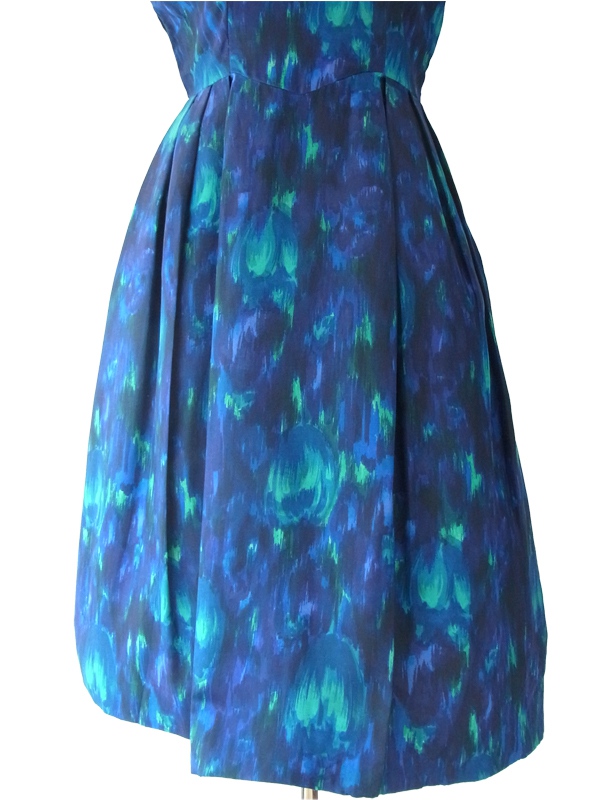 【送料無料】ロンドン買い付け ロイヤルブルー 油彩のようなプリント リボン付き ヴィンテージ ドレス 15OM419【ヨーロッパ古着】