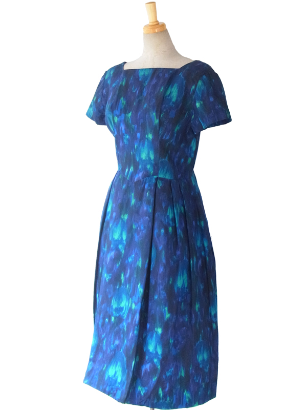【送料無料】ロンドン買い付け ロイヤルブルー 油彩のようなプリント リボン付き ヴィンテージ ドレス 15OM419【ヨーロッパ古着】