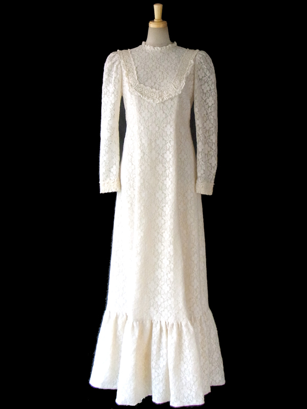 【送料無料】70年代アメリカ製 アイボリー 花柄総レース ヴィンテージ マキシドレス 15SP017【フェミニン】