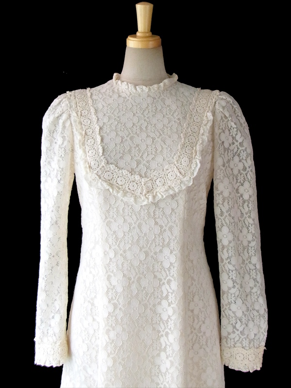 【送料無料】70年代アメリカ製 アイボリー 花柄総レース ヴィンテージ マキシドレス 15SP017【フェミニン】