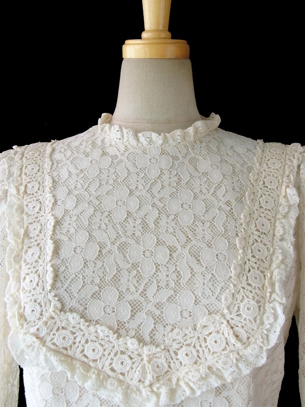 【送料無料】70年代アメリカ製 アイボリー 花柄総レース ヴィンテージ マキシドレス 15SP017【フェミニン】