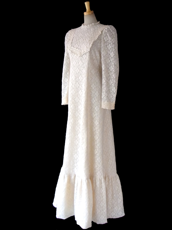 【送料無料】70年代アメリカ製 アイボリー 花柄総レース ヴィンテージ マキシドレス 15SP017【フェミニン】