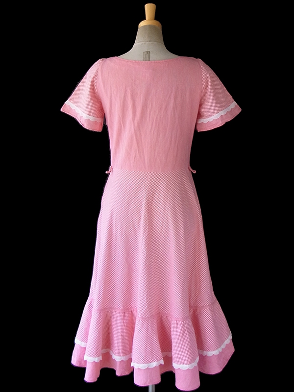 ヨーロッパ古着 ロンドン買い付け 60年代製 ピンク X ギンガムチェック カットレース フレアスカート ワンピース 16BS111