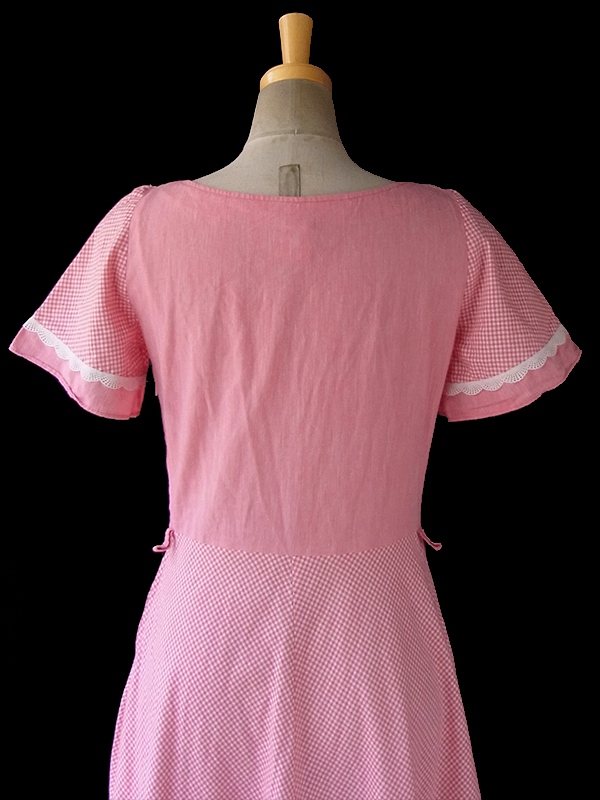 ヨーロッパ古着 ロンドン買い付け 60年代製 ピンク X ギンガムチェック カットレース フレアスカート ワンピース 16BS111