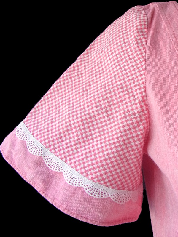 ヨーロッパ古着 ロンドン買い付け 60年代製 ピンク X ギンガムチェック カットレース フレアスカート ワンピース 16BS111