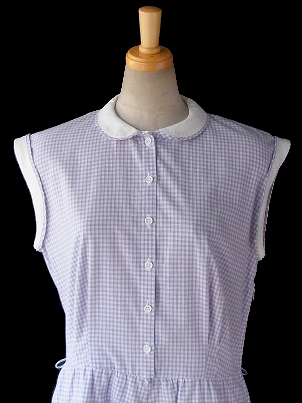 ヨーロッパ古着 ロンドン買い付け 60年代製 ラベンダー X ギンガムチェック ホワイト生地切り返し ワンピース 16BS112