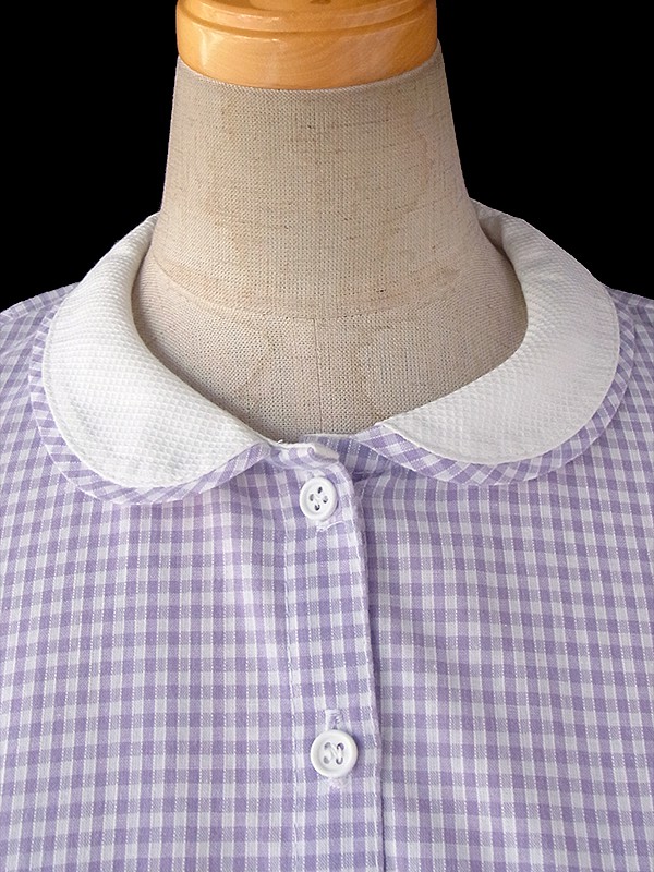 ヨーロッパ古着 ロンドン買い付け 60年代製 ラベンダー X ギンガムチェック ホワイト生地切り返し ワンピース 16BS112