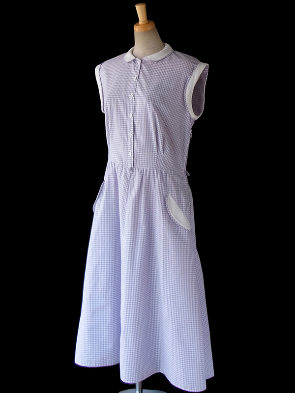 ヨーロッパ古着 ロンドン買い付け 60年代製 ラベンダー X ギンガムチェック ホワイト生地切り返し ワンピース 16BS112