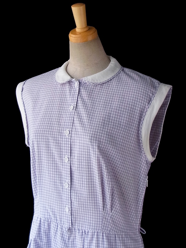 ヨーロッパ古着 ロンドン買い付け 60年代製 ラベンダー X ギンガムチェック ホワイト生地切り返し ワンピース 16BS112