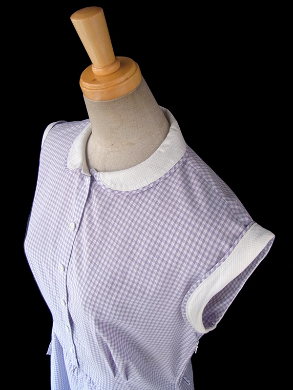 ヨーロッパ古着 ロンドン買い付け 60年代製 ラベンダー X ギンガムチェック ホワイト生地切り返し ワンピース 16BS112