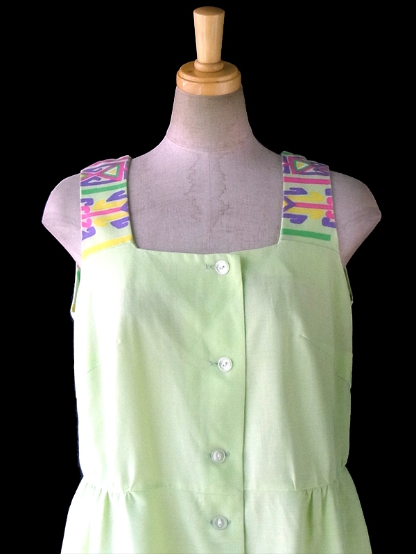 ヨーロッパ古着 ロンドン買い付け 60年代製 ライムグリーン X カラフル レトロ柄 ワンピース 16BS201