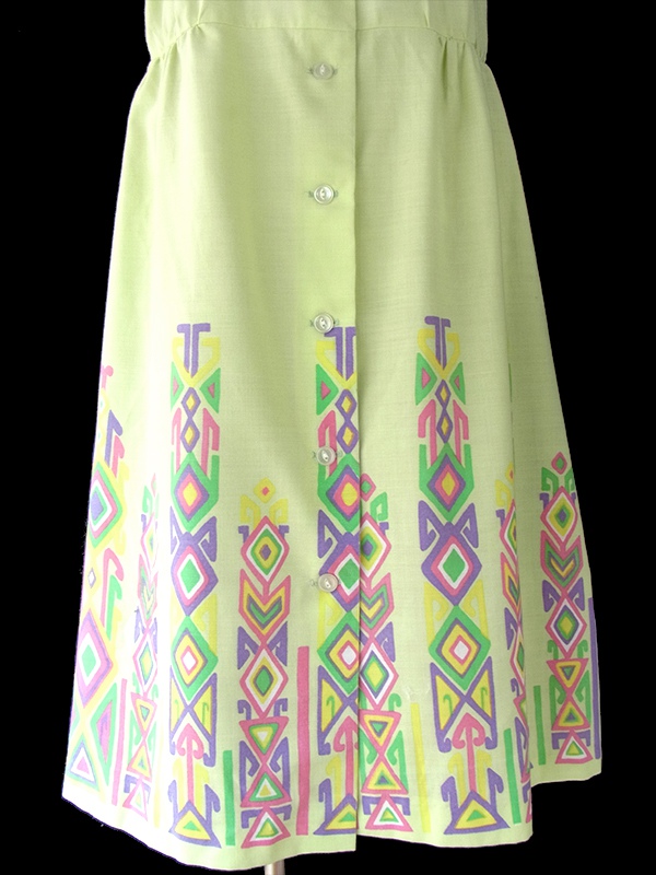ヨーロッパ古着 ロンドン買い付け 60年代製 ライムグリーン X カラフル レトロ柄 ワンピース 16BS201