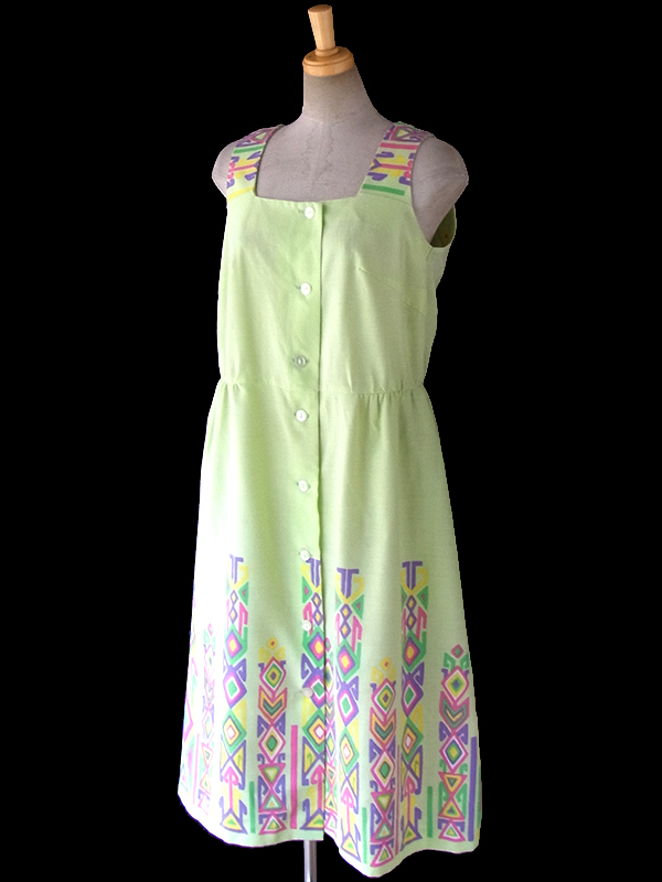 ヨーロッパ古着 ロンドン買い付け 60年代製 ライムグリーン X カラフル レトロ柄 ワンピース 16BS201