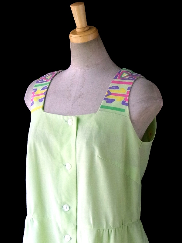 ヨーロッパ古着 ロンドン買い付け 60年代製 ライムグリーン X カラフル レトロ柄 ワンピース 16BS201