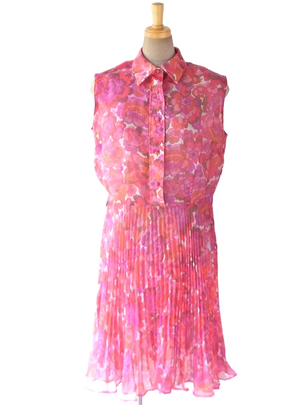 ヨーロッパ古着 ロンドン買い付け 60年代製 ピンク X パープル シフォン生地 レトロ花柄 プリーツ ワンピース 16BS203