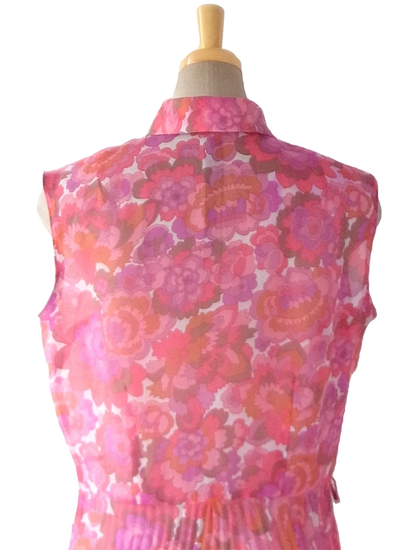 ヨーロッパ古着 ロンドン買い付け 60年代製 ピンク X パープル シフォン生地 レトロ花柄 プリーツ ワンピース 16BS203