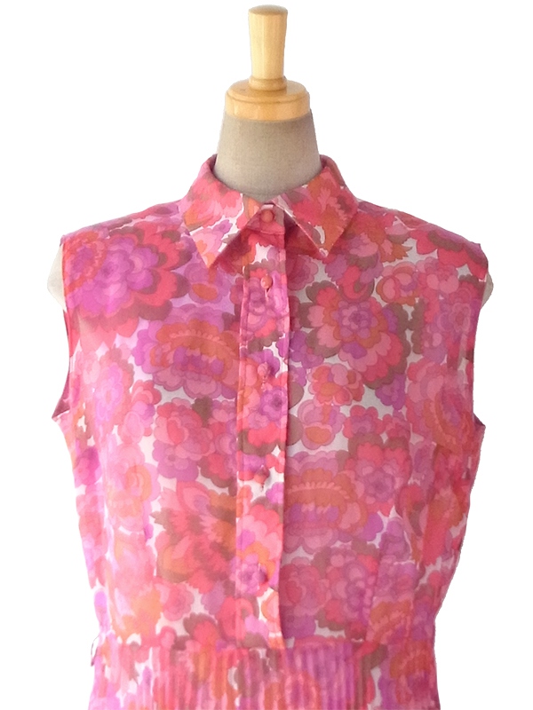 ヨーロッパ古着 ロンドン買い付け 60年代製 ピンク X パープル シフォン生地 レトロ花柄 プリーツ ワンピース 16BS203