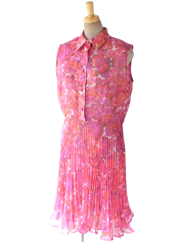ヨーロッパ古着 ロンドン買い付け 60年代製 ピンク X パープル シフォン生地 レトロ花柄 プリーツ ワンピース 16BS203