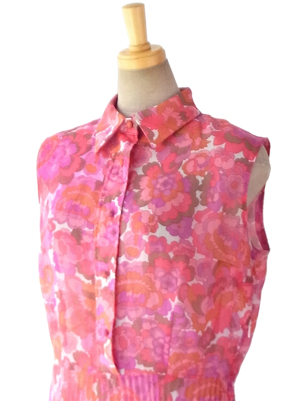 ヨーロッパ古着 ロンドン買い付け 60年代製 ピンク X パープル シフォン生地 レトロ花柄 プリーツ ワンピース 16BS203