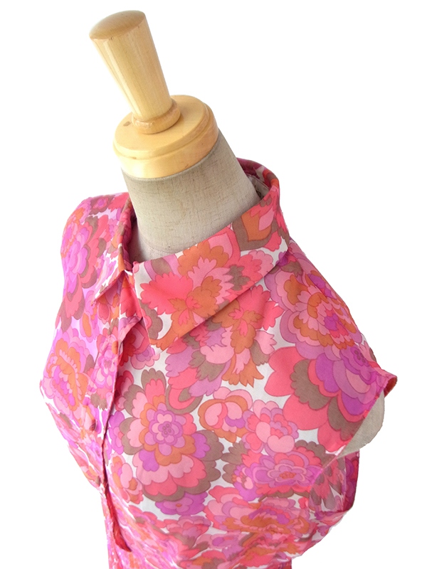 ヨーロッパ古着 ロンドン買い付け 60年代製 ピンク X パープル シフォン生地 レトロ花柄 プリーツ ワンピース 16BS203