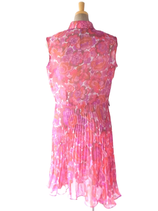 ヨーロッパ古着 ロンドン買い付け 60年代製 ピンク X パープル シフォン生地 レトロ花柄 プリーツ ワンピース 16BS203