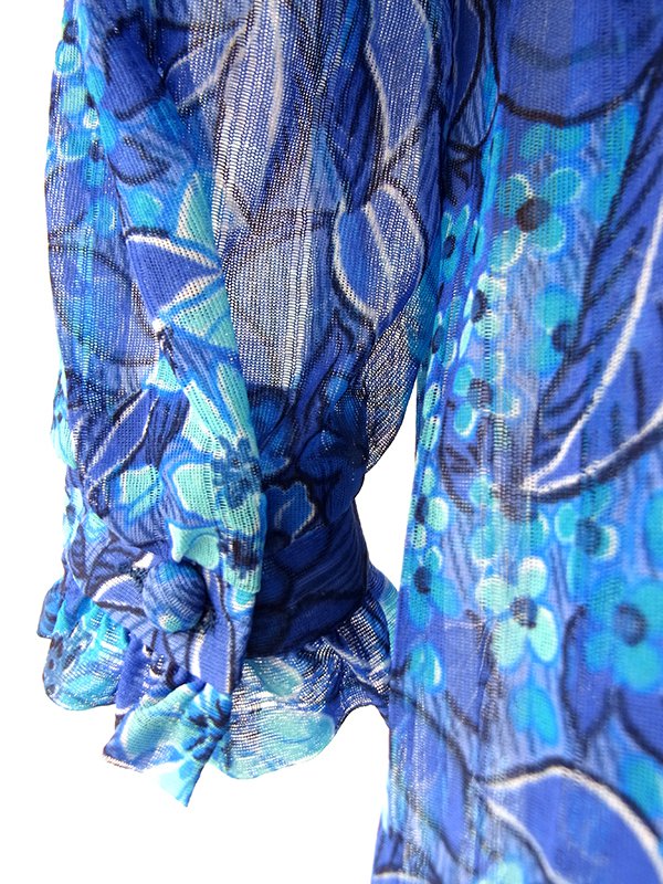【送料無料】ロンドン買い付け  美しいロイヤルブルー X 花柄 ギャザー襟 共布ベルト付き ヴィンテージ ワンピース 16BS204【ヨーロッパ古着】