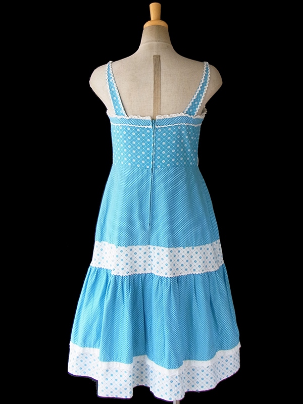 【送料無料】ロンドン買い付け 水色 X ホワイト 水玉・花柄 山道テープ ストラップ ワンピース 16BS208【ヨーロッパ古着】