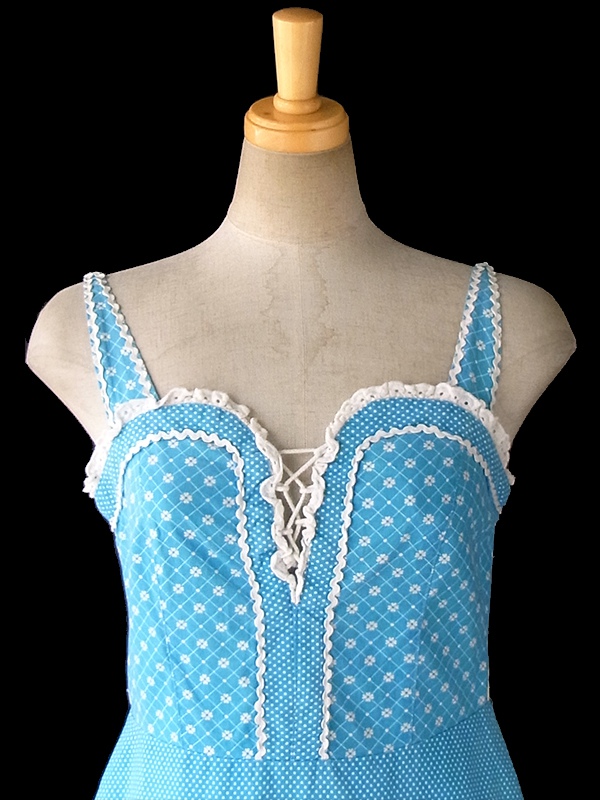 【送料無料】ロンドン買い付け 水色 X ホワイト 水玉・花柄 山道テープ ストラップ ワンピース 16BS208【ヨーロッパ古着】