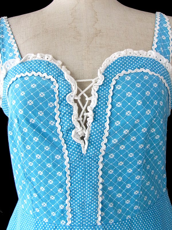 【送料無料】ロンドン買い付け 水色 X ホワイト 水玉・花柄 山道テープ ストラップ ワンピース 16BS208【ヨーロッパ古着】