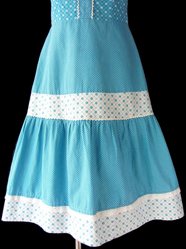 【送料無料】ロンドン買い付け 水色 X ホワイト 水玉・花柄 山道テープ ストラップ ワンピース 16BS208【ヨーロッパ古着】