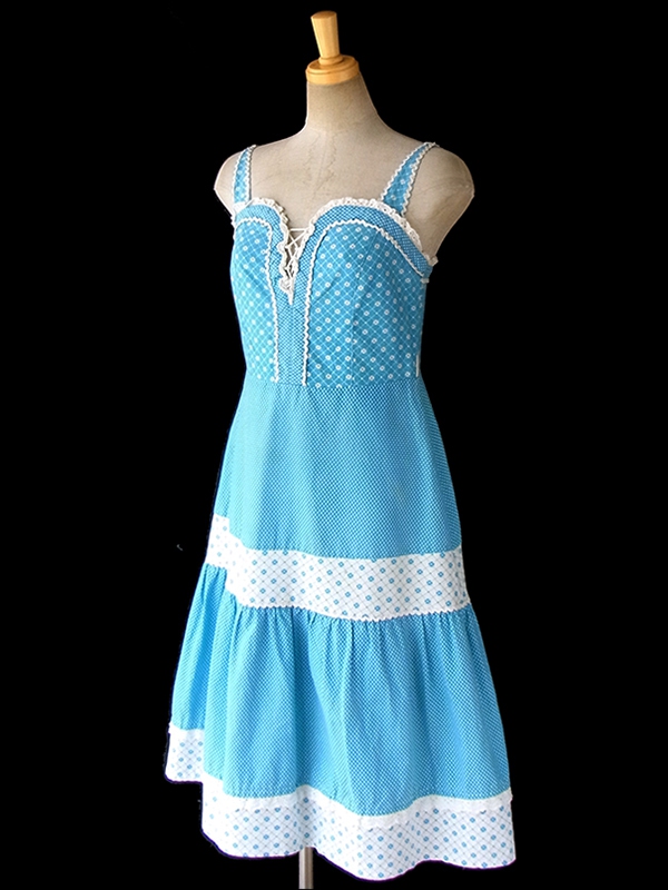 【送料無料】ロンドン買い付け 水色 X ホワイト 水玉・花柄 山道テープ ストラップ ワンピース 16BS208【ヨーロッパ古着】