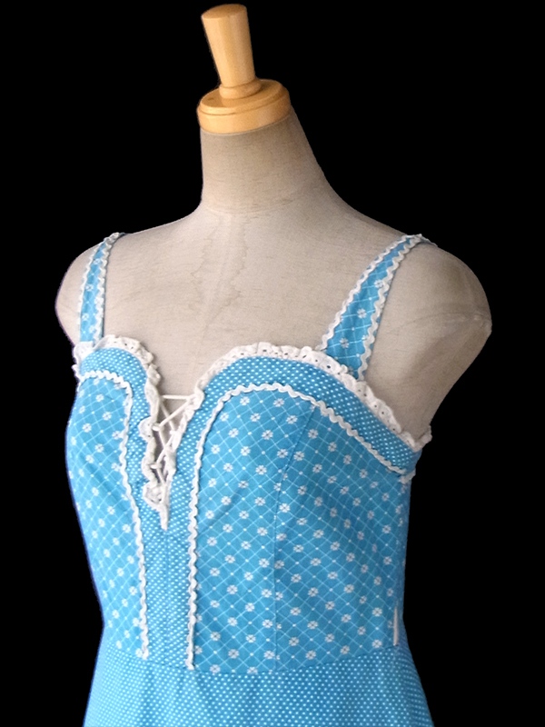 【送料無料】ロンドン買い付け 水色 X ホワイト 水玉・花柄 山道テープ ストラップ ワンピース 16BS208【ヨーロッパ古着】