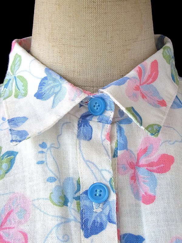 ヨーロッパ古着 ロンドン買い付け 60年代製 ホワイト X 水色・ピンク 花柄 ヴィンテージ ワンピース 16BS210