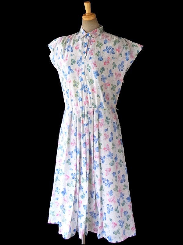 ヨーロッパ古着 ロンドン買い付け 60年代製 ホワイト X 水色・ピンク 花柄 ヴィンテージ ワンピース 16BS210