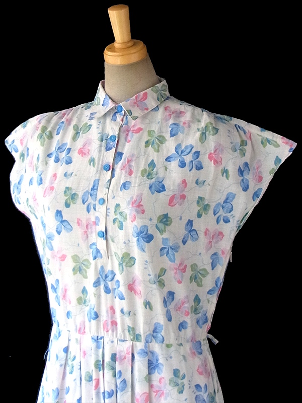 ヨーロッパ古着 ロンドン買い付け 60年代製 ホワイト X 水色・ピンク 花柄 ヴィンテージ ワンピース 16BS210