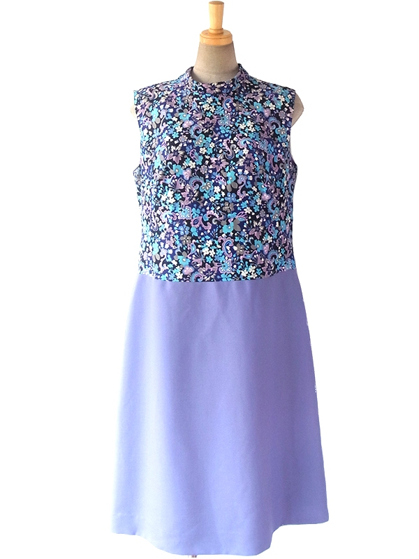 ヨーロッパ古着 ロンドン買い付け 花柄 X ラベンダーのスカート 生地切り返しロールカラー レトロ ワンピース 16BS213